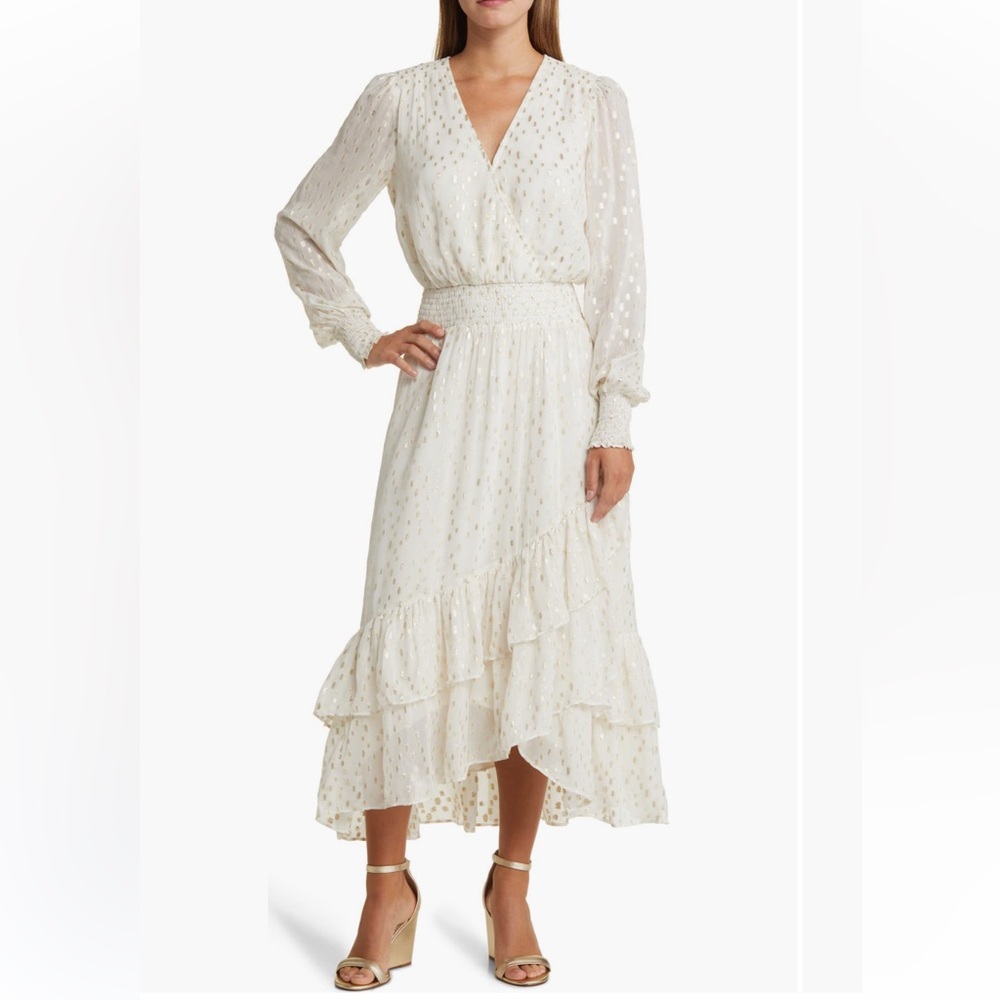 Lily Pulitzer Cristiana White Chiffon Metallic Print Ruffle Midi Dress Sz 8 NWT
